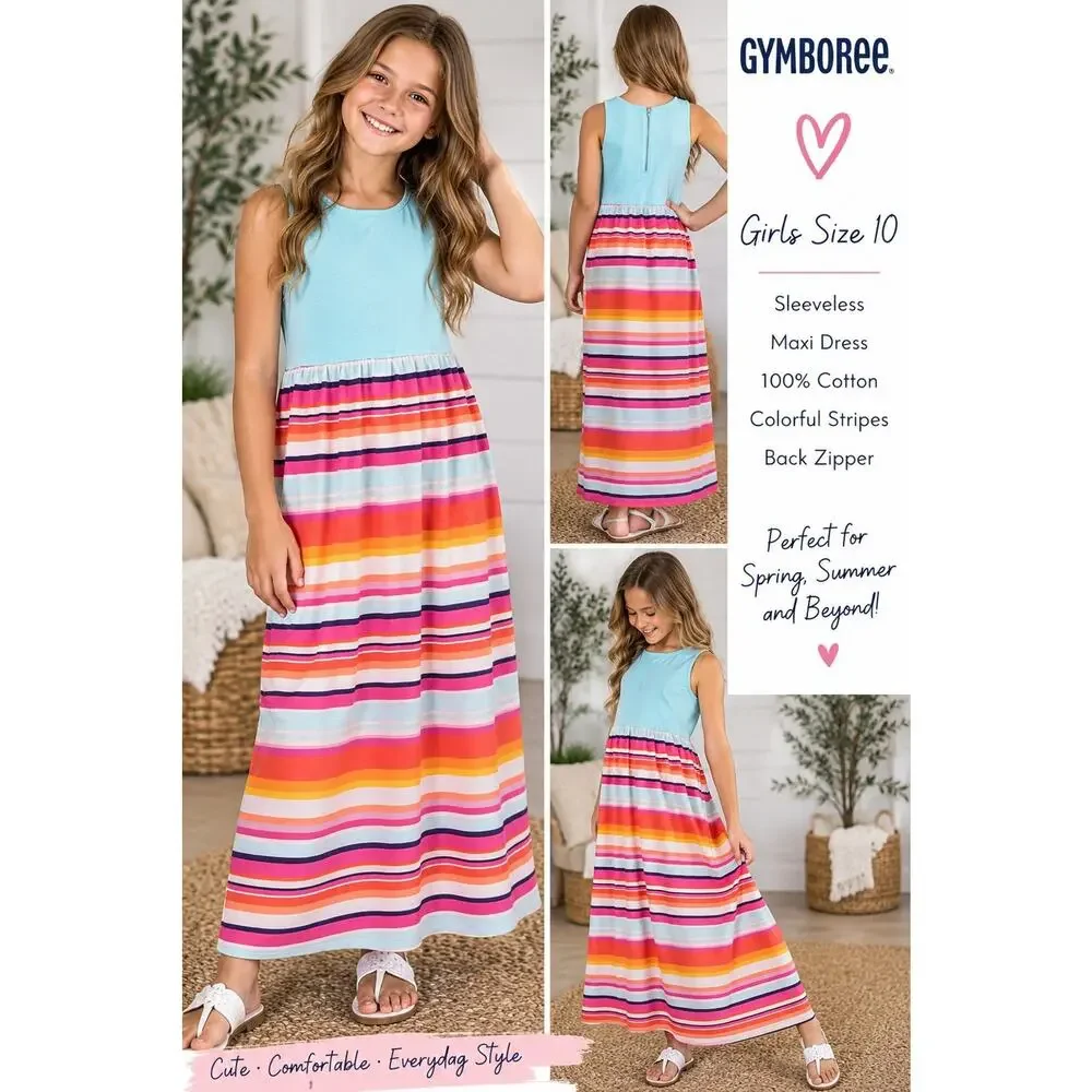 Gymboree Girls Size 10 Maxi Dress Blue Multicolor Striped Sleeveless Cotton